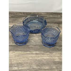 Vintage Indiana Glass Diamond Point 3 Pc Mayo Set 1 Underplate 2 Bowls. Ice Blue